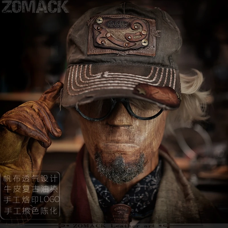 

Handmade Retro Japanese Men's Distressed Canvas Baseball Cap Big Circumference Soft Top Letter Duck Truck Ripped Fashion