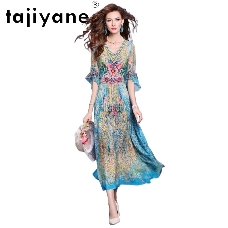 

TAJIYANE 100% Mulberry Silk Dresses for Women Summer Vacation Party Dress Floral V-Neck Long Frocks New Woman Clothes 2026 원피스