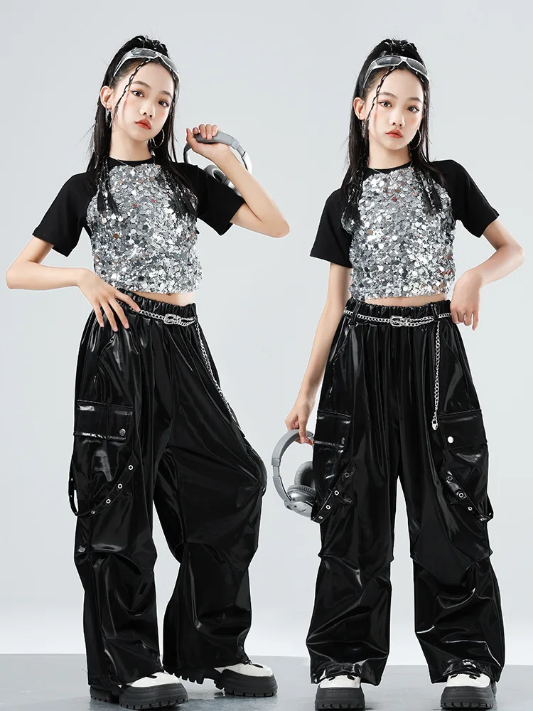 2025 الفتيات ملابس رقص الجاز موضة Kpop المرحلة الزي الترتر المحاصيل القمم الأسود خلط السراويل الهيب هوب زي الشارع الشهير VDL4586 #2
