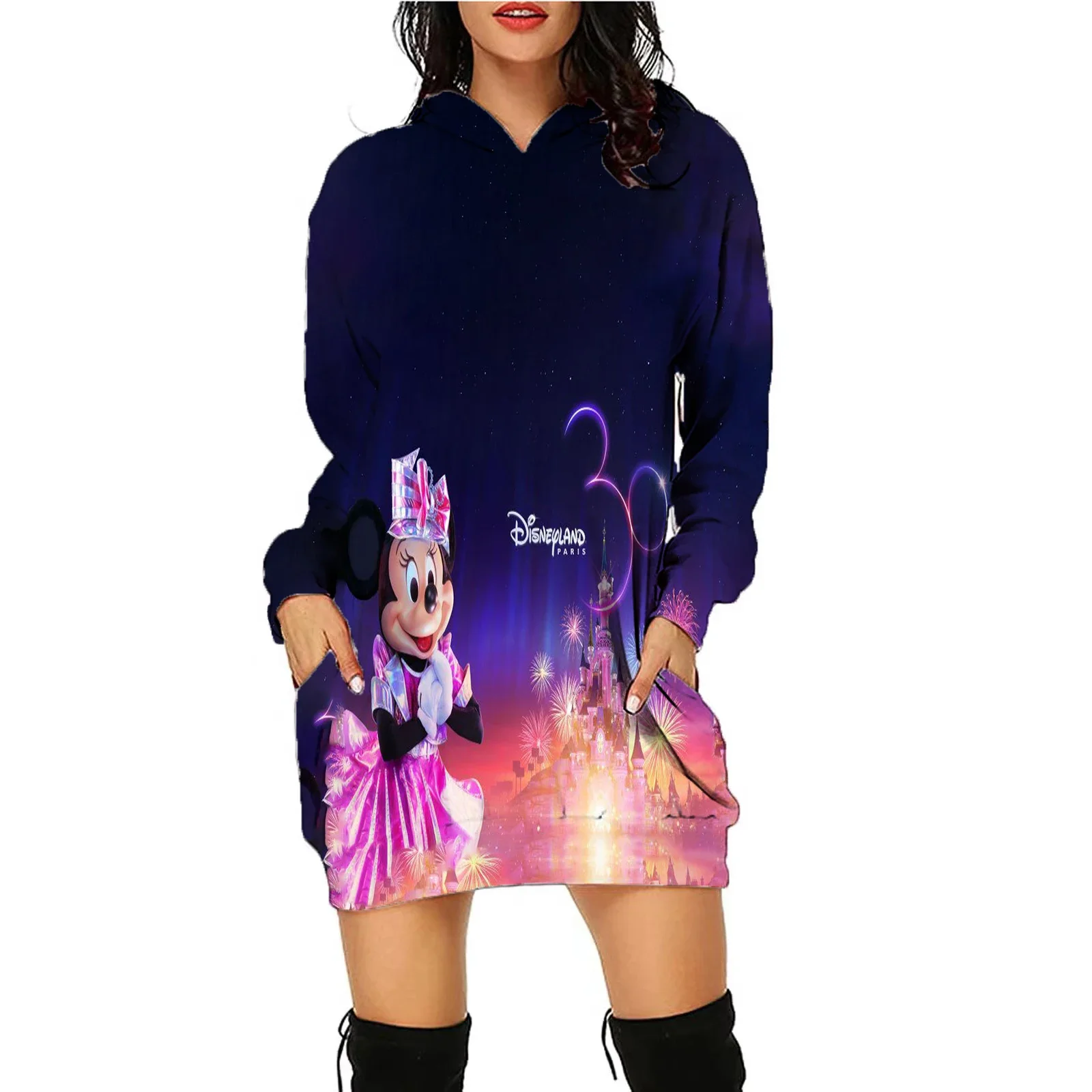 Disneyland Paris 30th Anniversary 3D Hoodie Women\'s Sweater Dress Autumn Winter Casual Sexy Hoodie Dress Party Long Sleeve Dress