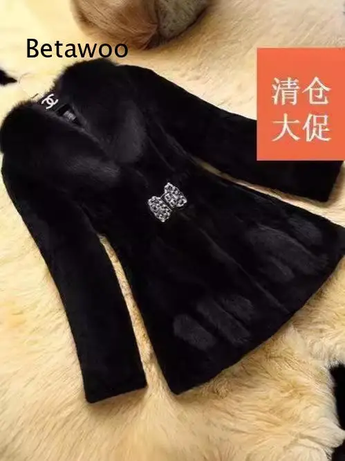 Womens mid length faux fur coat for autumn winter mom style mink like plush overcoat with fox style fur collar korean cut slim