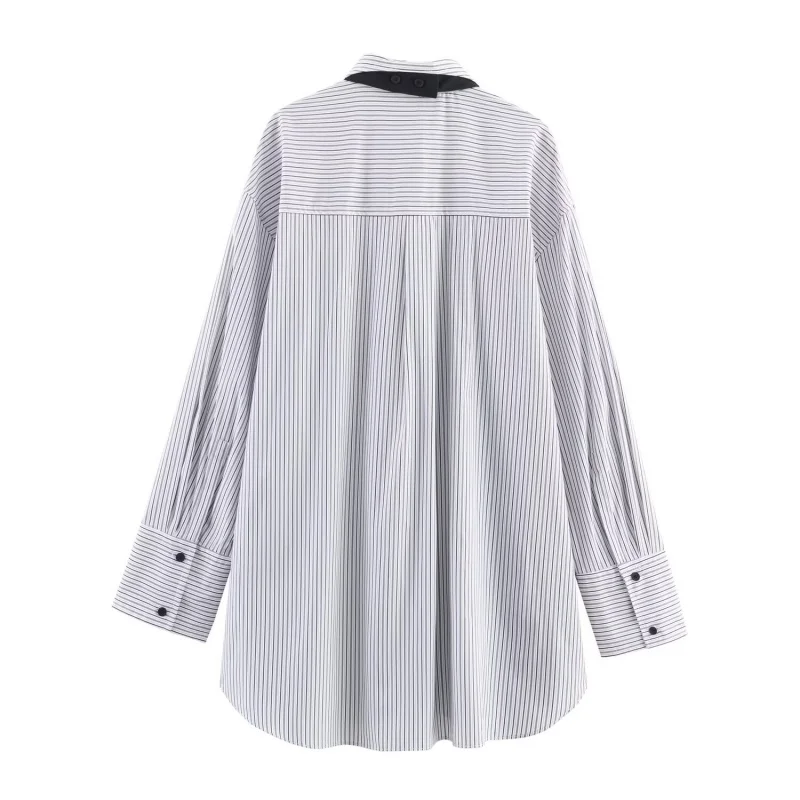봄 가을 턴다운 칼라 긴 소매 포플린 스트라이프 셔츠 여성 타이 장식 다용도 셔츠 여성 캐주얼 루즈웨어