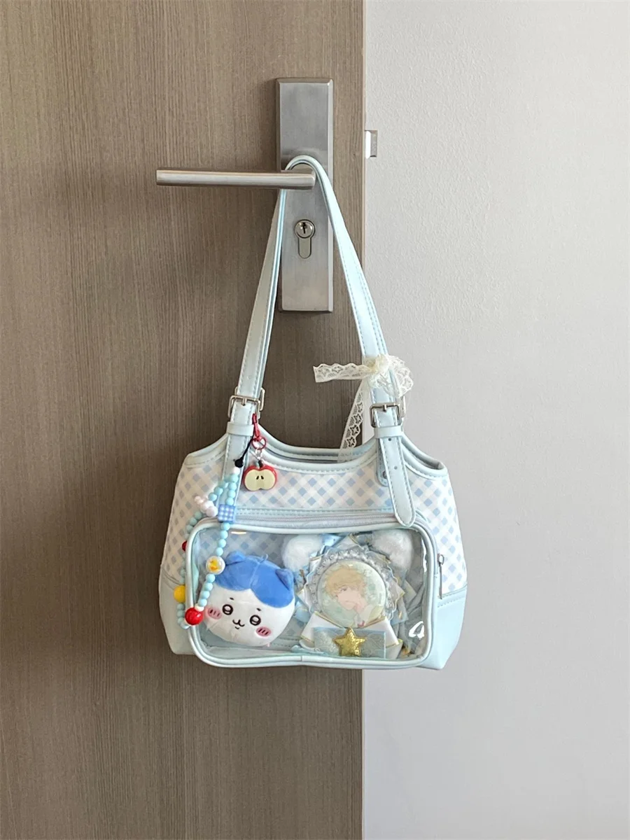 

Original Lolita Ladies Handbag Daily Commuter Handbag Shoulder Bag Y2K Blue Plaid Small Capacity Transparent Pain Bag