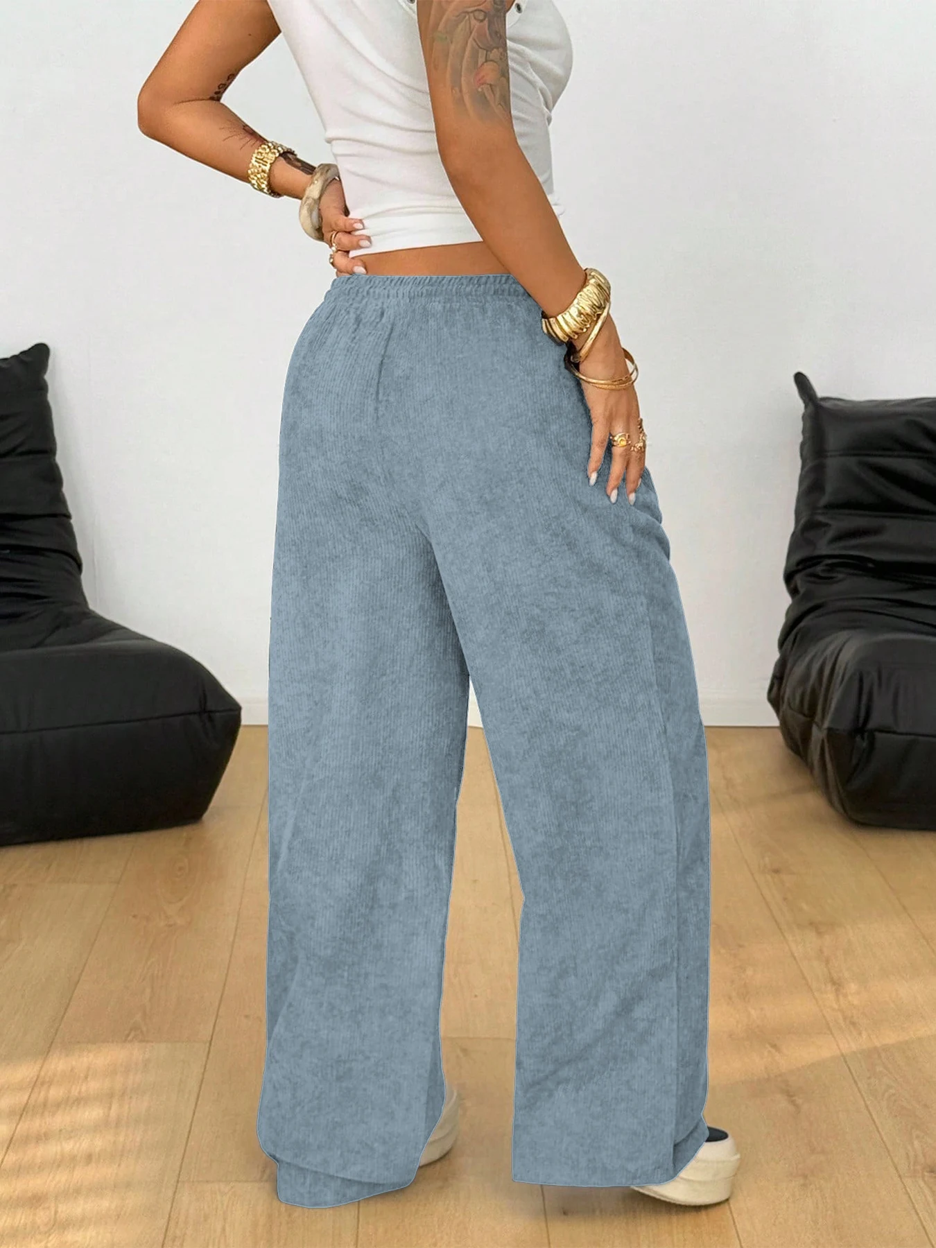 Damen Retro Cord Cargo-Hose Lässige Kordelzug Gerade Sporthose Fließende Alltags-Pendlerhose mit Weitem Bein – Detail 15