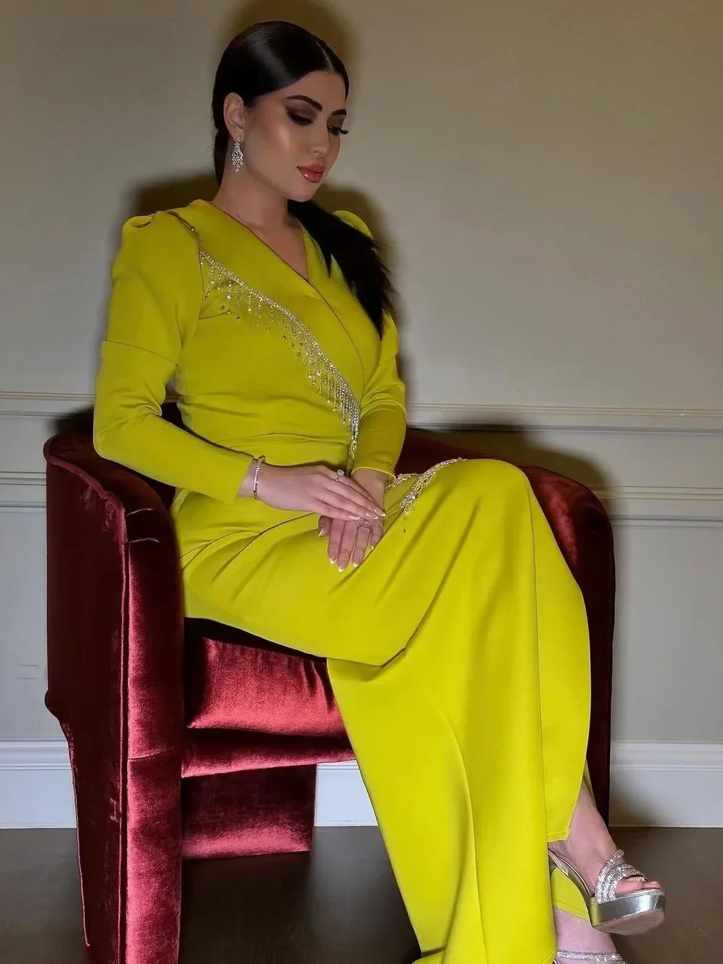 Oisslec Dress Elegant Vintage Sweet Yellow Crystal Beads Mermaid V-Neck Customize Formal Occasion Prom Dress Evening Party Gowns