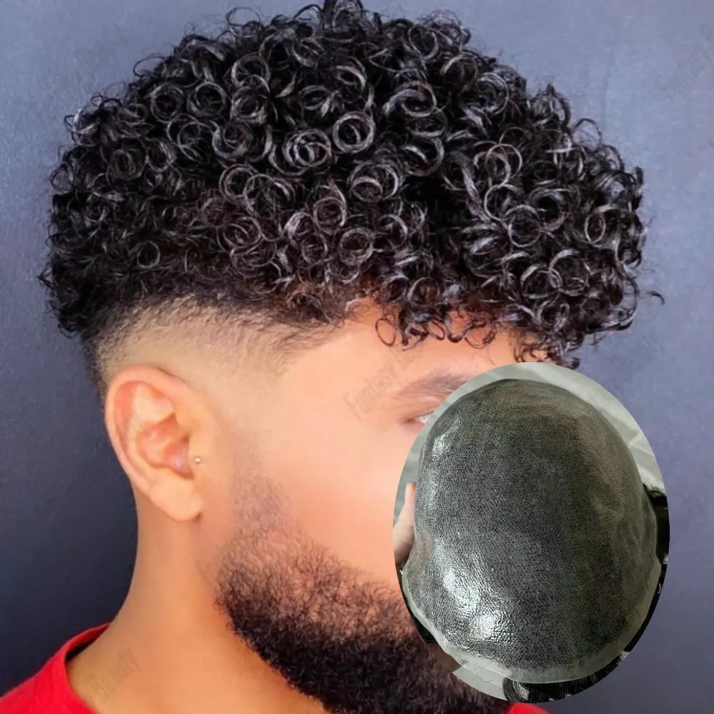 15 مللي متر مجعد الرجال الشعر المستعار سوبر دائم كامل رقيقة الجلد بولي حقن حقن الشعر المستعار 100% خصلات الشعر المستعار الإنسان مجعد الشعر الذكور الاصطناعية نظام #2