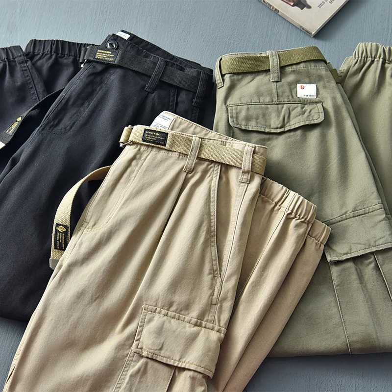 100% Cotton Tailored Panel Workwear Pants - Men's Straight-Leg Japanese Style Chino Pants Cargo Pocket Detail & Tapered Cuff