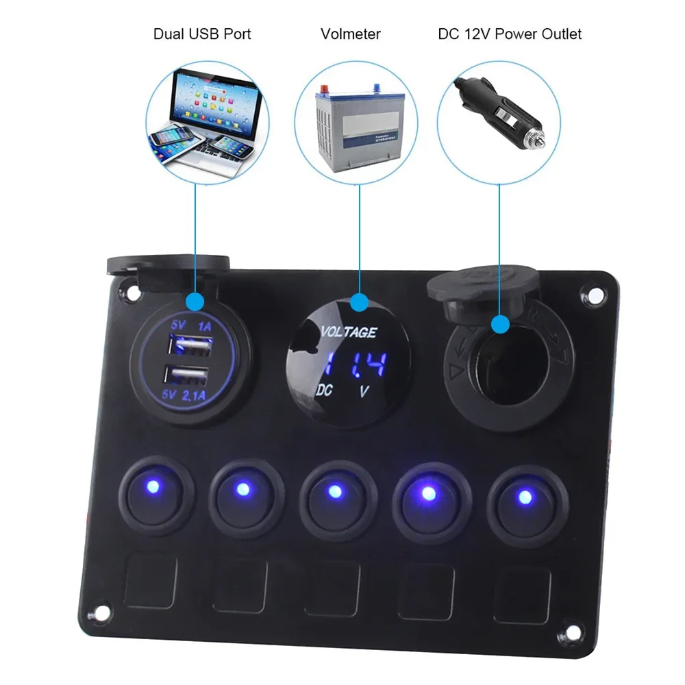 Boat Switch Panel Car Switch Panel Waterproof Digital Voltmeter Dual USB Port 12V Outlet Combination Marine LED Rocker 5 Gang