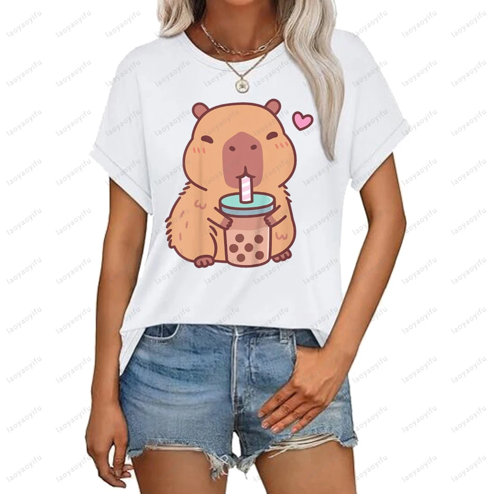 

Милая футболка с капибарой Kawaii в стиле аниме «Пить пузырьковый чай» для девочек, повседневная модная свободная уличная одежда в стиле Харадзюку, летняя мужская футболка