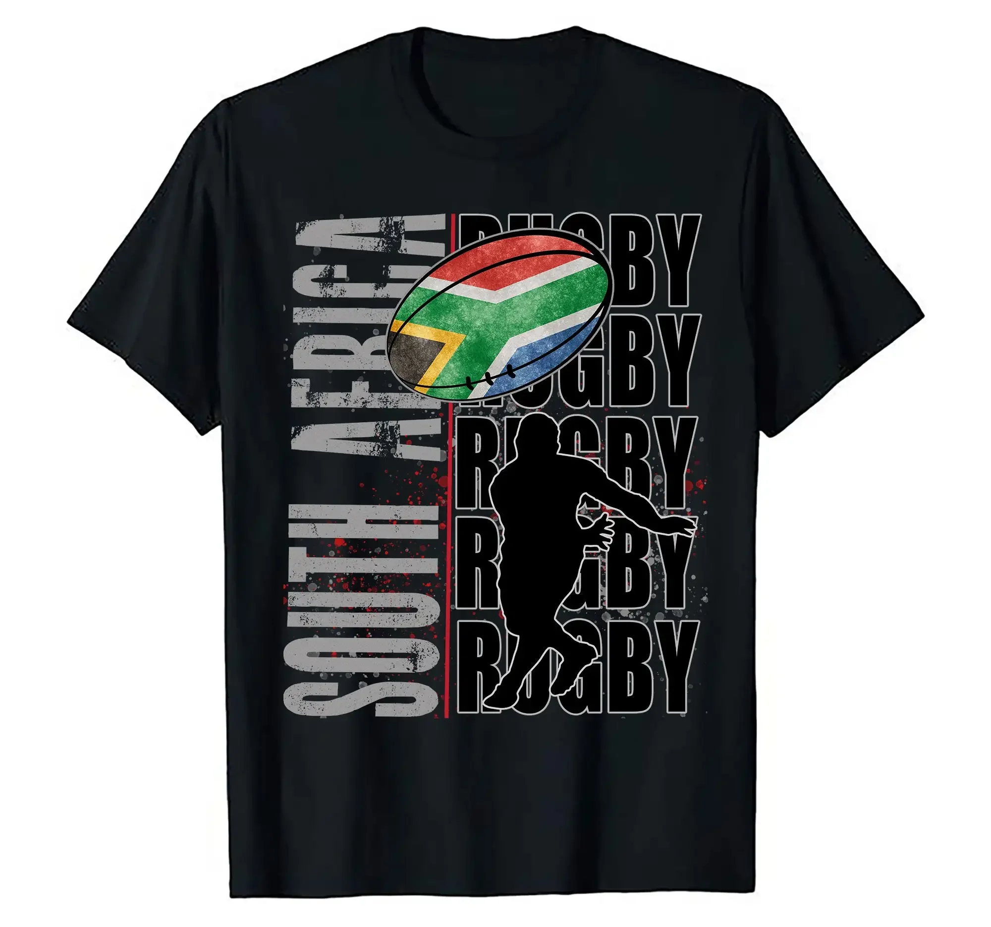 Camiseta con la bandera de Sudáfrica, jugador de rugby y la frase 'For Blood Sweat No Fear' para aficionados al mundo.