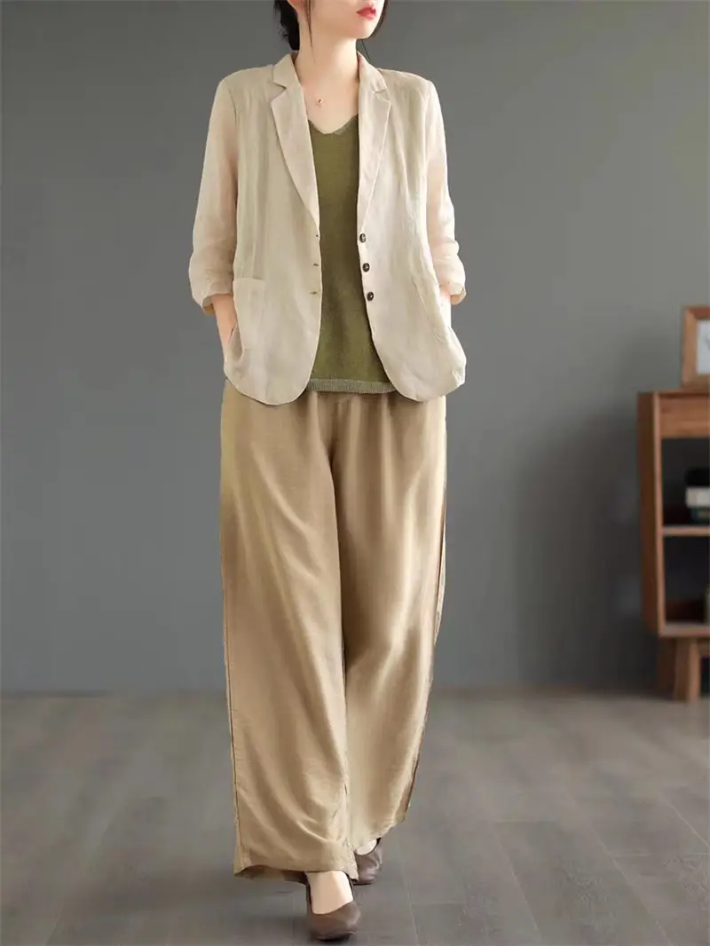 Art Retro Summer Coat Solid Color Comfortable Cotton And Linen Suit Jacket Women's Versatile Slim Single Breasted Top Z2040