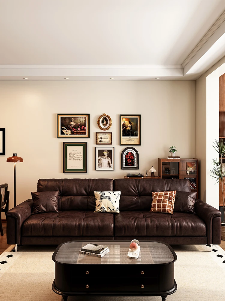 

sofa retro leather sofa oil wax leather first layer cowhide living room straight row antique brown sofa new