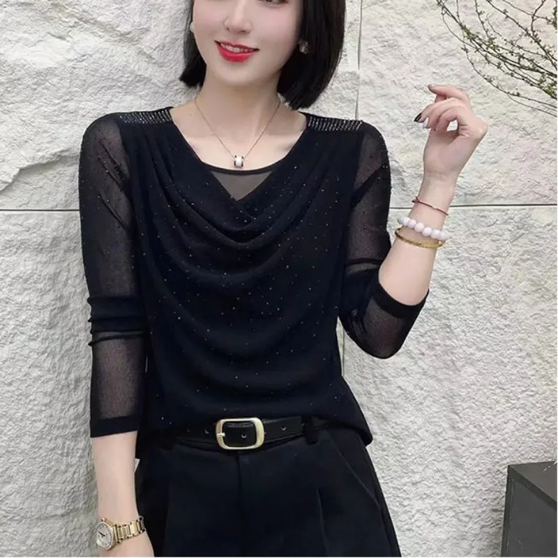 

Женская мода, тонкий, простой, элегантный тренд, сексуальный темперамент, однотонный пуловер из сетчатой пряжи с длинными рукавами, летние новые стильные топы