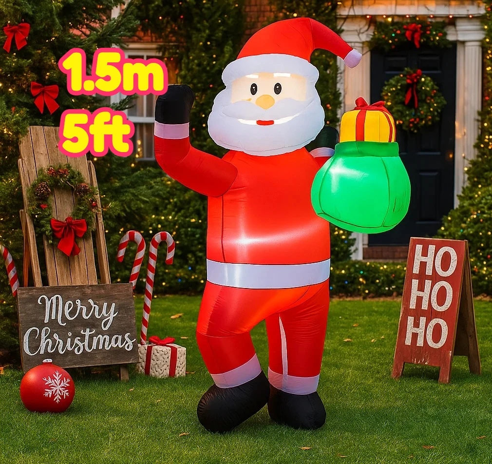 ซานตาคลอสเป่าลมขนาด 5 ฟุต พร้อมถุงของขวัญ ของเล่น ตกแต่งบ้าน สนามหญ้า ของประดับตกแต่งคริสต์มาส ไฟ LED ของตกแต่งคริสต์มาส