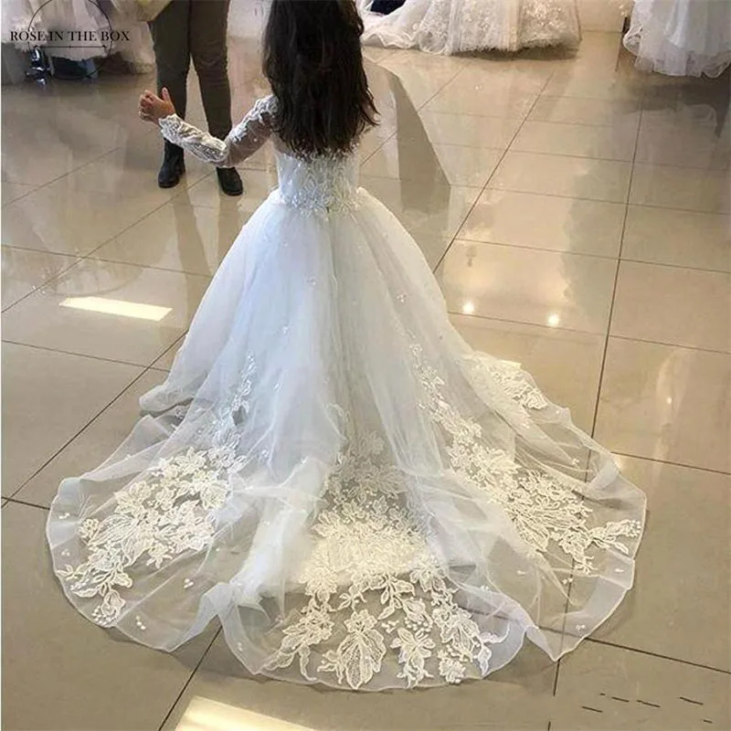 New Princess Flower Girl Dresses For Weddings Kids Lace Applique Ball Gown Girl's Ceremonial Dress With Sleeves Customized