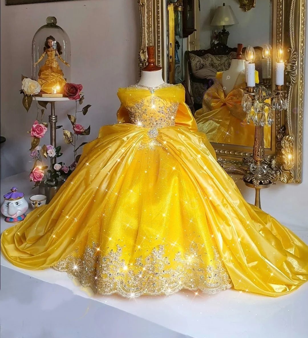 Gold Cinderella Flower Girl Dresses Bow Back Beading Princess Quinceanera Baby Girl's Birthday Party Gowns Customized