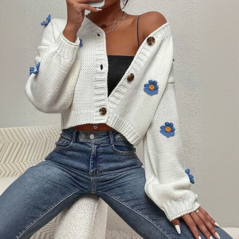 

Women's Floral Long Sleeve V-Neck Sweater Autumn Fashion Basic Single Breasted Casual Daily Knitwear