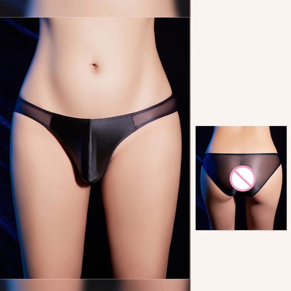 

Men's Sexy Thong Oil Shiny Big Pouch U Convex G-string Smooth Ice Silk Underwear Thin Mesh Transparent Panties Erotic Panties