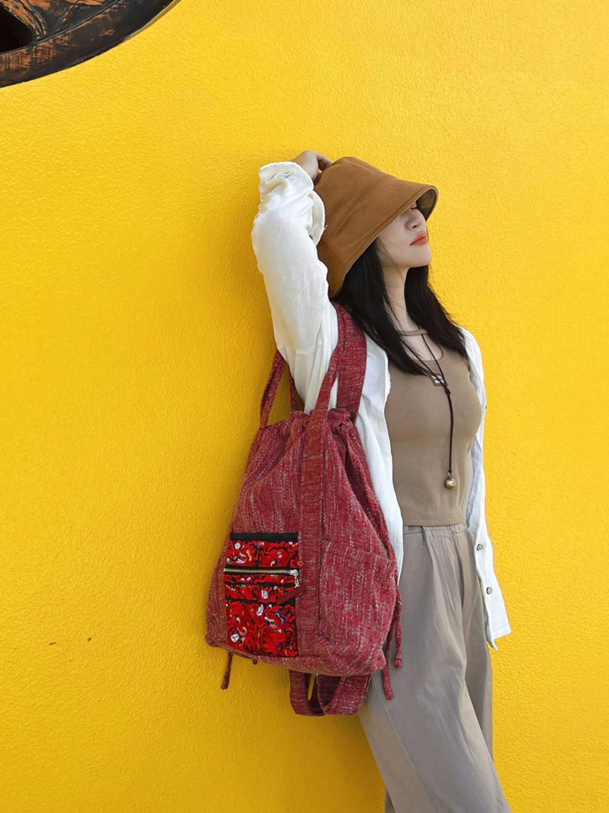 Linen Bag Drawstring Travel Embroidery Large Capacity Ethnic Style Shoulder Backpack