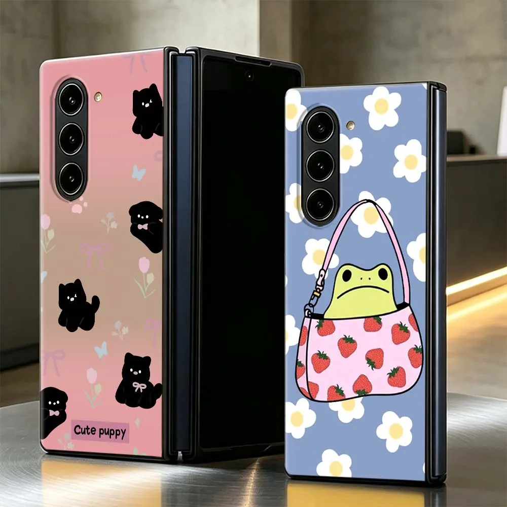 Cute Frog Strawberry Bag Style PC Foldable Hard Phone Case For Samsung Galaxy Z Fold 3 4 5 6 7 8 5G Non-slip Shockproof Black