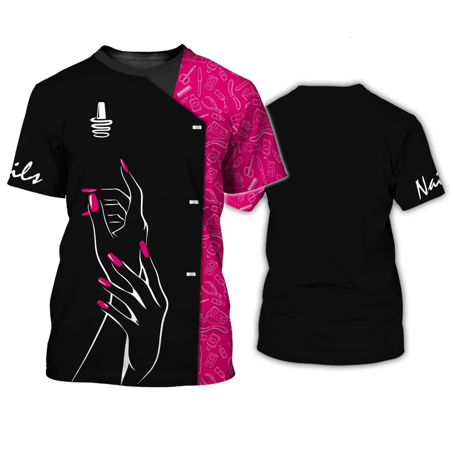 

2024 Summer New Womens T-shirt 3D Printed Nail Salon Uniform Female Deaf Work Clothes Summer Short Sleeve TopCasual LooseT-shirt