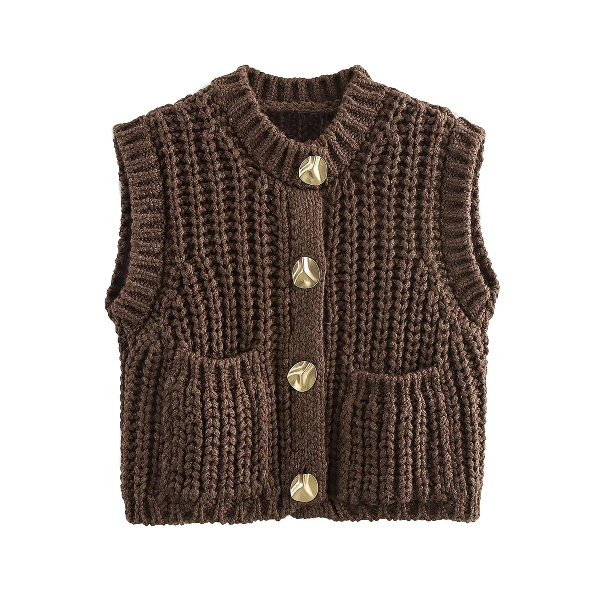 Autumn and winter women\'s new fashionable and versatile solid color buckle sleeveless knitted sweater vest