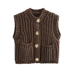 Autumn and winter women's new fashionable and versatile solid color buckle sleeveless knitted sweater vest