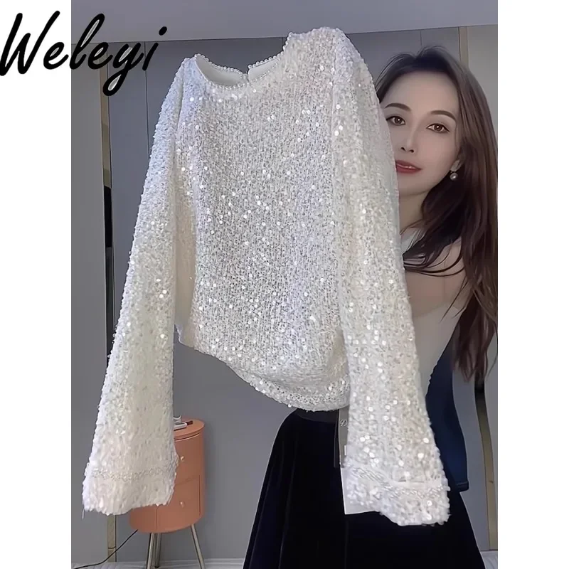 

Premium Shinny White Sequined T Shirt Woman 2024 Autumn Clothes Elegant Winter Wear Pullover Clothing Beaded Round Neck Tee Tops