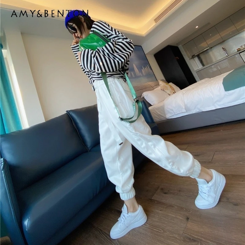 

2025 Autumn New Cotton Patchwork Casual Pants Loose Stylish High Waist Jogger Pants Pink Versatile Straight Sweatpants Ladies