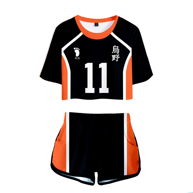 Karasuno Koukou fantasia de cosplay feminina, uniforme de torcida, camiseta e shorts de manga curta, blusa anime para meninas, verão