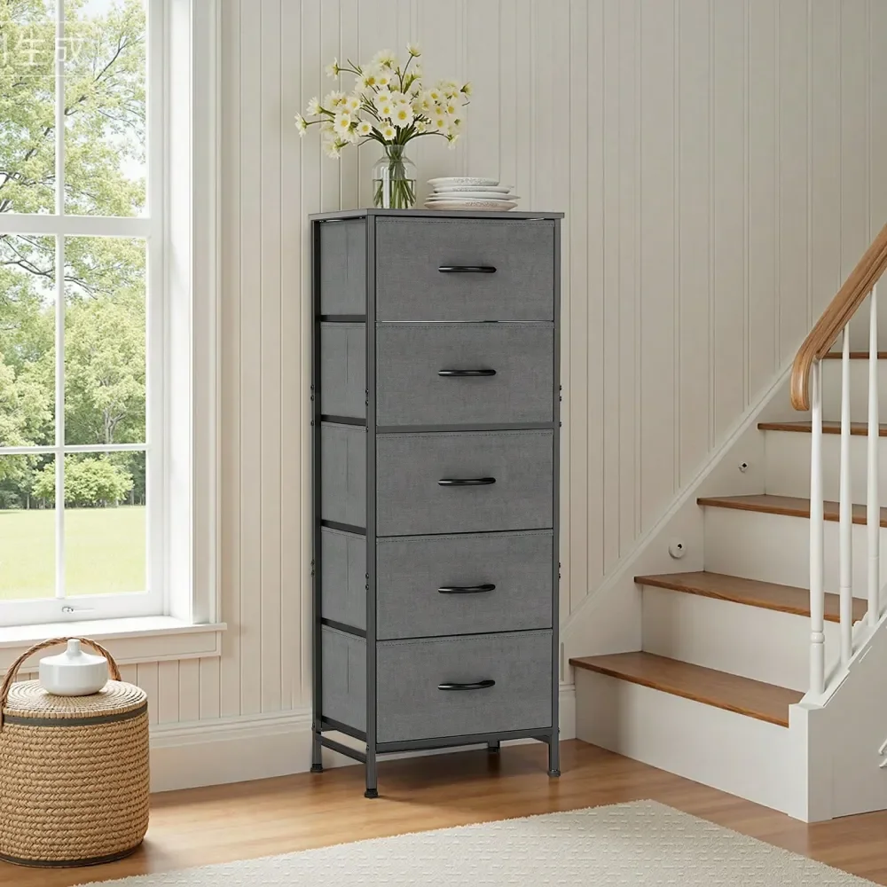 

5 Drawer Dresser With Fabric Bins, Sturdy Steel Frame And Wood Top, Storage Organizer Chest For Bedroom, Closet, Hallway, Grey