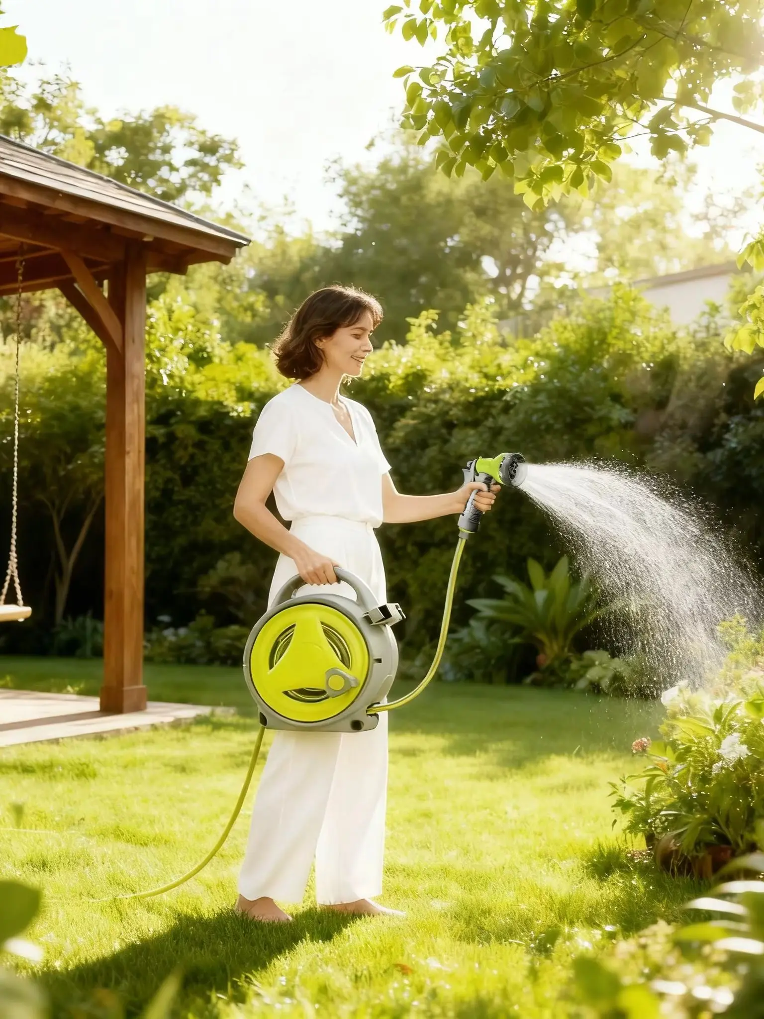 SIAZIH Tragbare Handkurbel-Gartenschlauchrolle 12m 1/2 Zoll Knickresistenter Flexibler Wasserschlauch 2,4kg Leichtgewicht Platzsparend Multifunktions-Sprühdüse für Gartenbewässerung Autowäsche