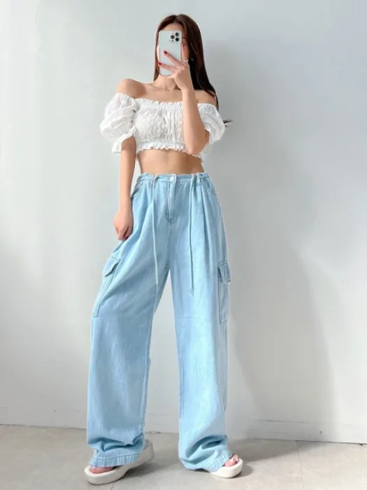 

Chic Vintage Light Blue Workwear Denim High Waist Wide Leg Pants Women's Faionable Slimming Trousers for Early Autumn