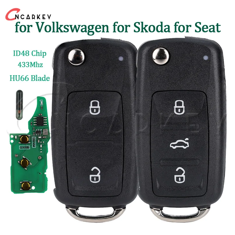 

Remote Car Key For Skoda for Seat for VW Passat Sedan Golf Polo Beetle Tiguan Octavia 434MHz ID48 Hu66 Fob Flip Uncut Blade