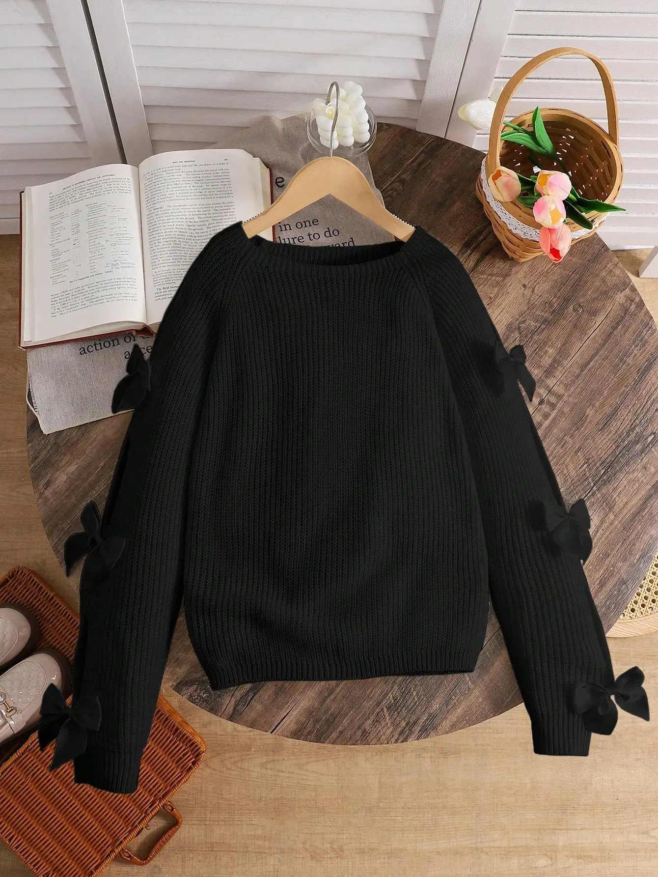 سترة توين جيرلز كاجوال برقبة دائرية وأكمام طويلة بفيونكة مجوفة، خريف/شتاء #5