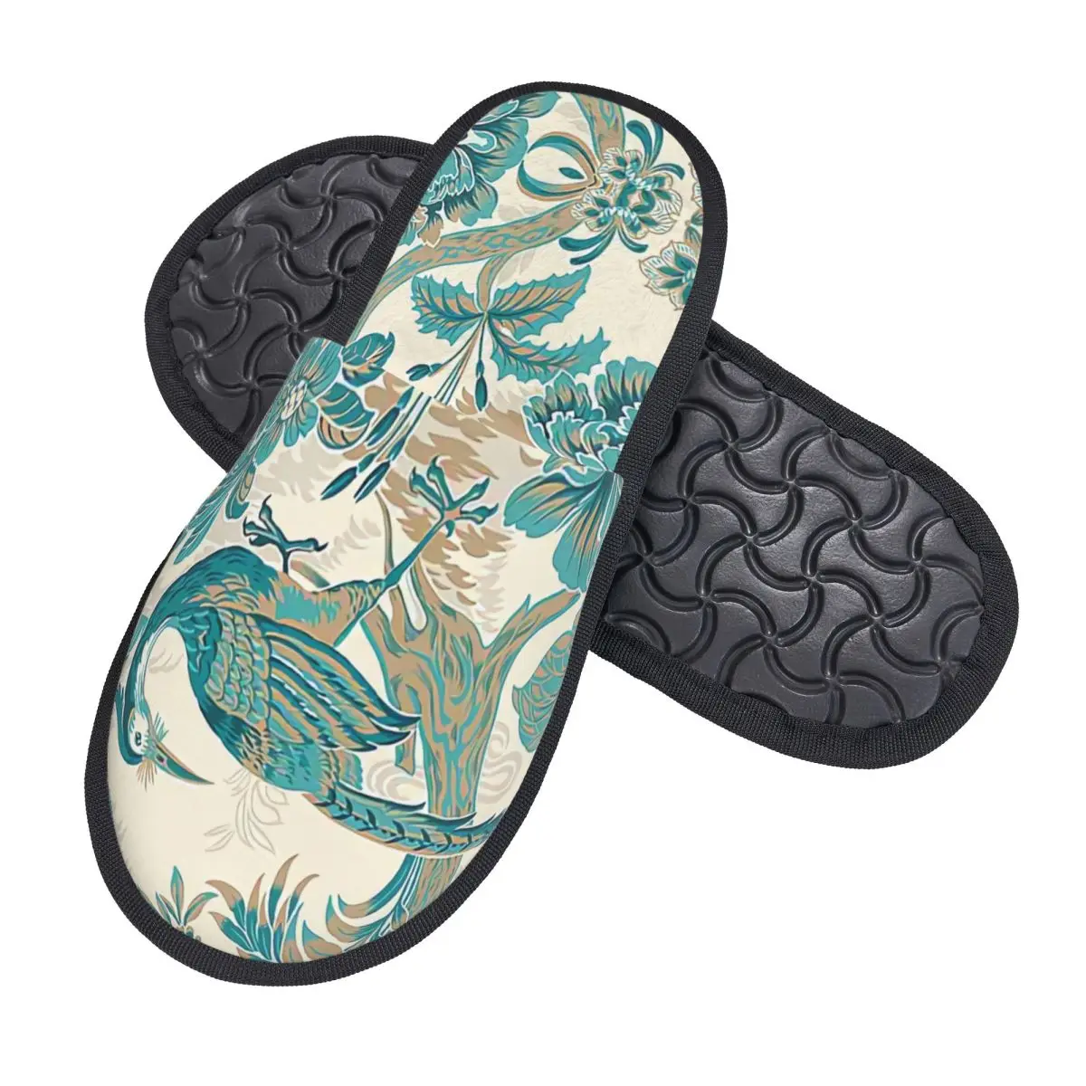 Custom Peacock Blue And Metallic Bird Toile Soft Scuff Memory Foam Slippers Toile De Jouy Motif Pattern Bedroom House Shoes