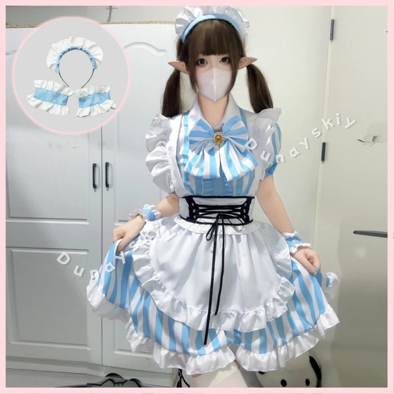 

New Arrival Japanese Akihabara Baby Blue Stripe Maid Costume Lolita Kawaii Cosplay Outfit Plus Size Women's Dress Set Carnival