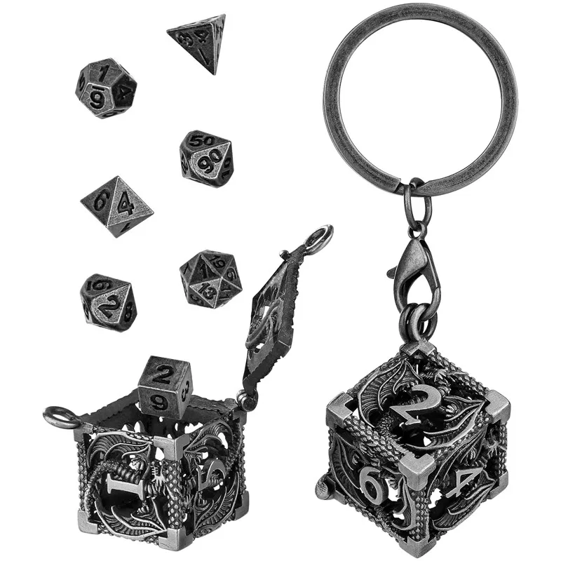 Tiny 7pcs Polyhedral Metal Mini Dice Set with Small Portable Keychain Hollow D6 Metal Case Role Playing Board Games Accessories