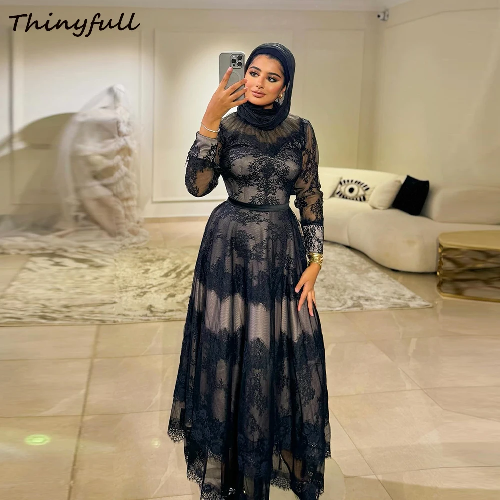 

Thinyfull A-line Black Muslim Evening Dresses High Neck Full Sleeves Lace Prom Dress Long Formal Gown robes de soirée Customized