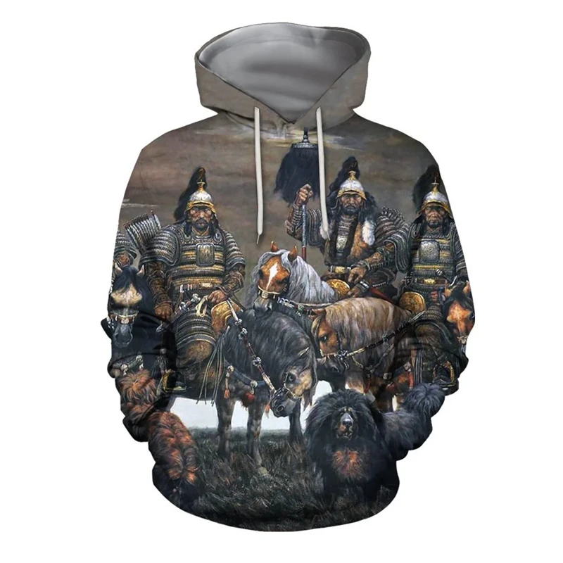 2024 Spring And Autumn New Men's Fashion 3D Mongolian Warrior Print Hooded Sweatshirt Hoodie Loose Casual Daily Street Sweater