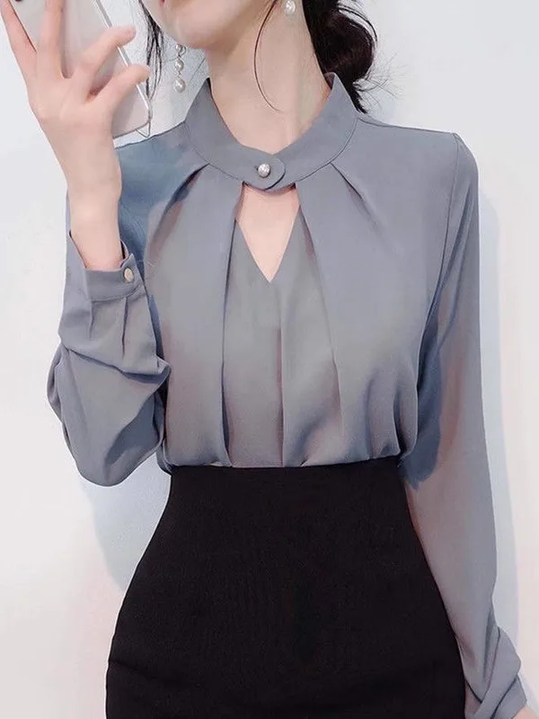 

Pure Color Long Sve, женская базовая блузка irt, чувственная маленькая верхняя часть, женская блузка Ele Netie, китайская блузка Sle, весна-осень