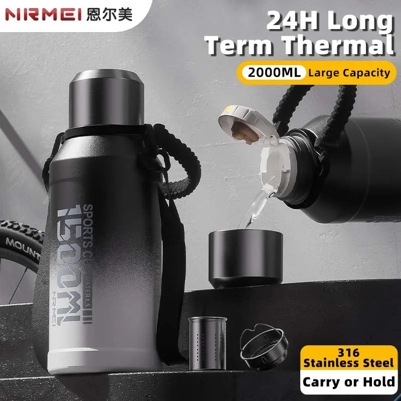 Large Capacity Outdoor Portable Thermos Bottle with Carry Strap, Gradient Color Sport Water Bottles, 1000 ml-2000ml