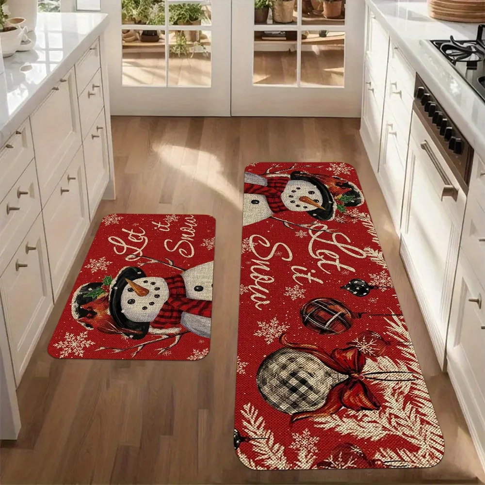 VIKAMA Christmas Snowman Snowflake Kitchen Rug Set Non Slip Washable Floor Mat Indoor Holiday Decor for Family Xmas Holiday