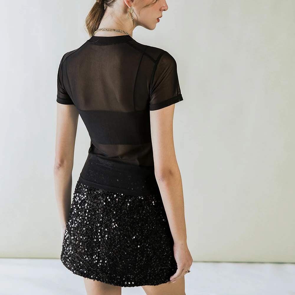 Women See-through Mesh T shirt Y2k Black White Solid Colors Size S M L XL Short Sleeve O Neck Thin Female Blouses Tops Clothes