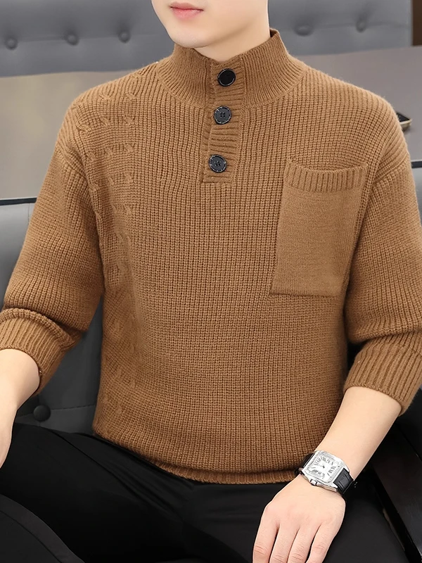 

Thiened повседневный мужской вязаный свитер с открытым воротником-стойкой, осень-зима, теплый однотонный длинный пуловер све