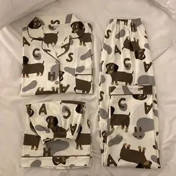 Three Pieces Pajamas Set Cute Women's Dachshund Print Short Sleeve Tops Shorts Full Length Pants Sleepwear Spring Summer 39933