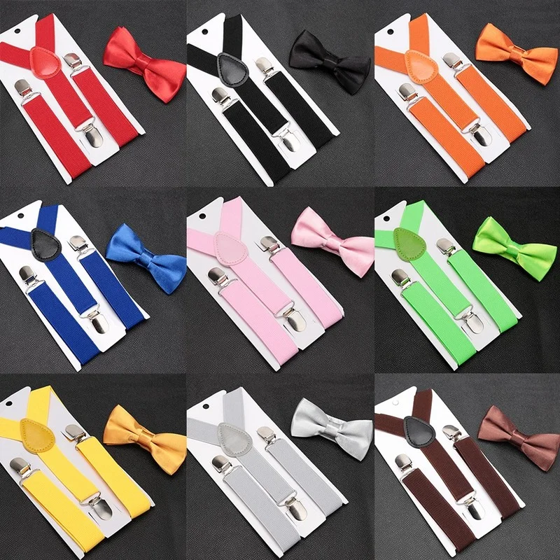 Kids Suspenders Bow Tie Set Boy Girl Retro Adjustable Suspenders Children Baby Braces Clip-on Trousers Wedding Ties Accessories