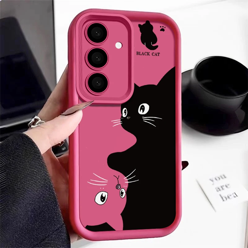 Full Screen Twin Black Cat Phone Case For Samsung S24 S23 S22 Ultra Plus S21 A55 A54 A53 A52 A25 A15 A14 5G Silicone Soft Cover