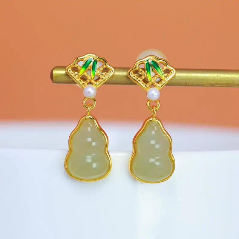 Genuine China Nephrite Stone White Hetian Jade 925 Silver Enamel Bamboo Leaf Gourd Dangle Earrings Women Certified Jewelry Gifts