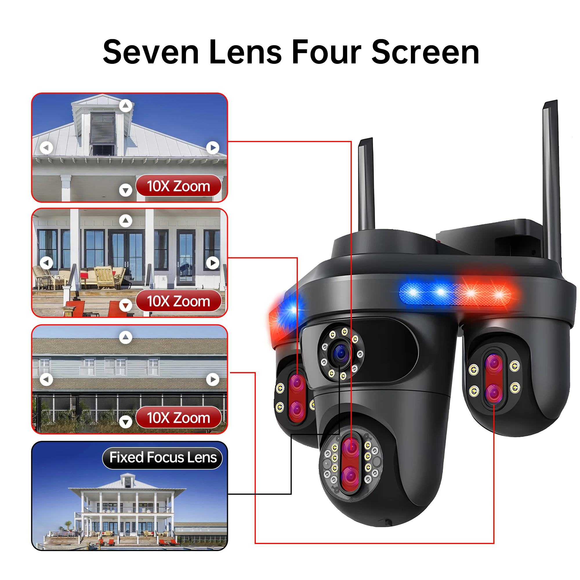 GEYUNE 35MP WiFi IP Camera 4 Screens 7 Lens 10X Zoom Outdoor Wireless PTZ Security Cam Auto Tracking CCTV Surveillance Camera